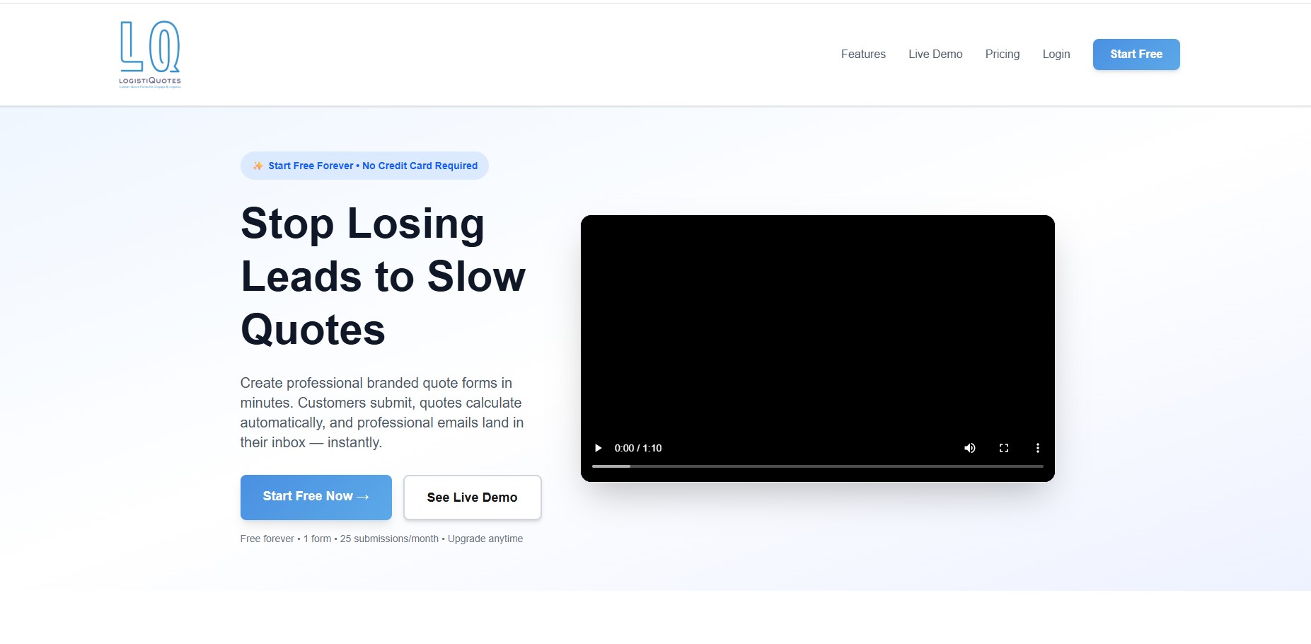LogistiQuotes homepage with Start Free button